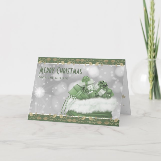 Elegant Green Gold Holly Christmas Presents Holiday Card (Front)