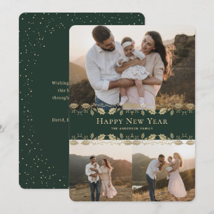 Elegant Green Gold Holly Photo Happy New Year Card