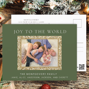 Elegant Green Gold Joy Christmas Holiday Photo Postcard