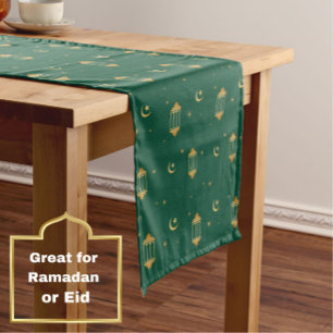 Elegant Green Gold Lanterns Moon Islamic Eid Short Table Runner