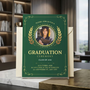 Elegant Green Gold Laurel Wreath Graduation Invitation