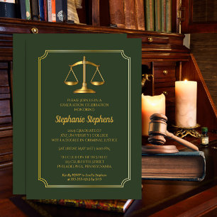 Elegant Green   Gold Law Attorney Graduation Party Invitation