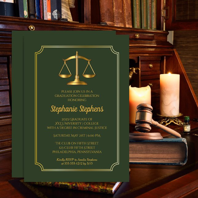Elegant Green | Gold Law Attorney Graduation Party Invitation (Creator Uploaded)
