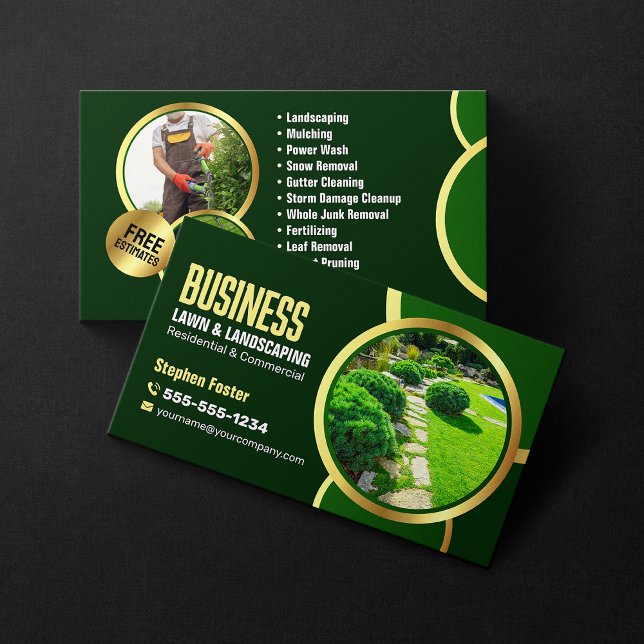 Elegant Green Gold Lawncare Landscaping Service Business Card (Creator Uploaded)