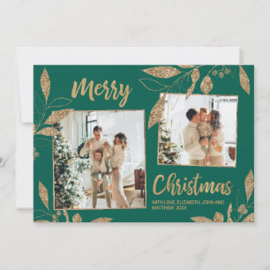 Elegant Green Gold Leaves 2 Photo Christmas Card