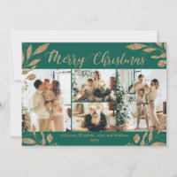 Elegant Green Gold Leaves 4 Photo Christmas Card