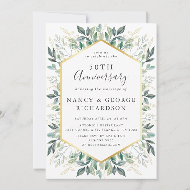 Elegant Green Gold Leaves 50th Wedding Anniversary Invitation (Front)