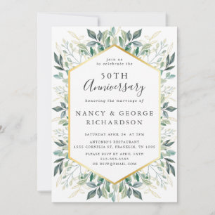 Elegant Green Gold Leaves 50th Wedding Anniversary Invitation