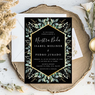 Elegant Green Gold Leaves Nuestra Boda Wedding Invitation