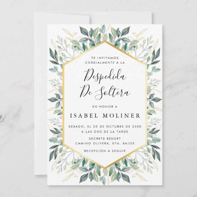 Elegant Green Gold Leaves Spanish Bridal Shower Invitation (Front)