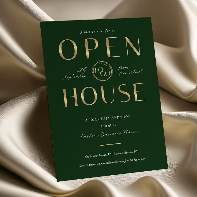 Elegant Green & Gold Logo Business Open House Invitation (Creator Uploaded)