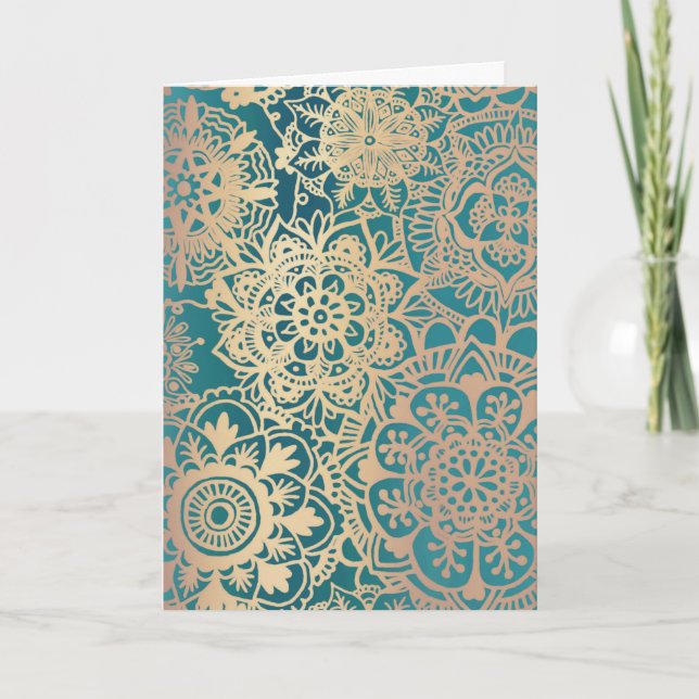 Elegant Green Gold Mandala Pattern Blank Christmas Holiday Card (Front)