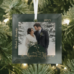 Elegant Green Gold Married and Merry Photo Glass Tree Decoration