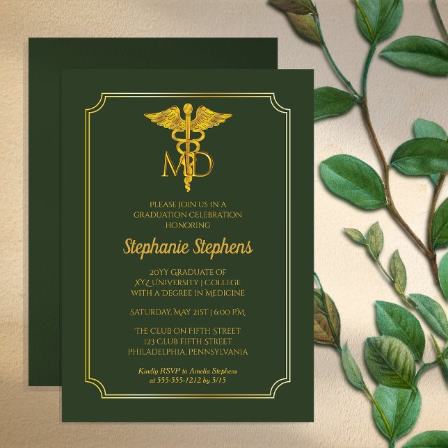 Elegant Green | Gold MD Physician Graduation Party Invitation (Elegant and Classy Formal Green and Gold Tone MD Physician Doctor Graduation Party Invitation)
