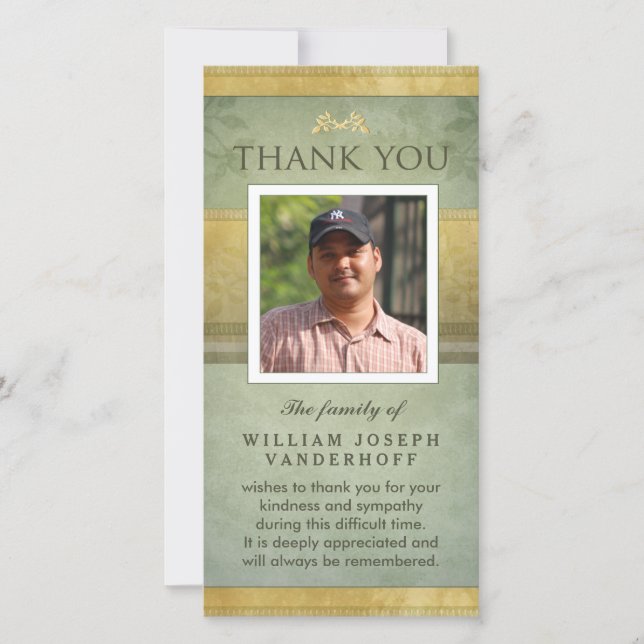 Elegant Green & Gold Memorial Thank You Card (Front)