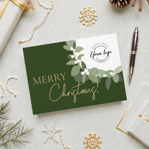 Elegant Green gold Merry Christmas Company Logo Holiday Card