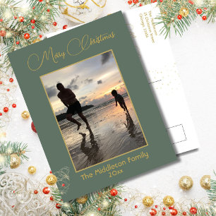 Elegant Green & Gold Merry Christmas Family Photo  Holiday Postcard