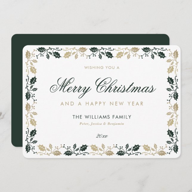 Elegant Green Gold Merry Christmas Happy New Year Holiday Card (Front/Back)