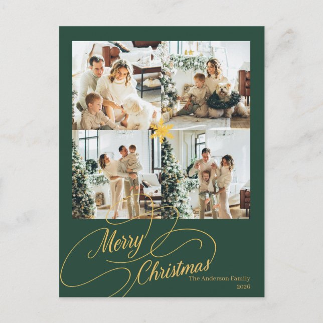 Elegant Green & Gold Merry Christmas Photo -  Holiday Postcard (Front)