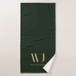 Elegant Green Gold Minimalist Monogram Bath Towel Set