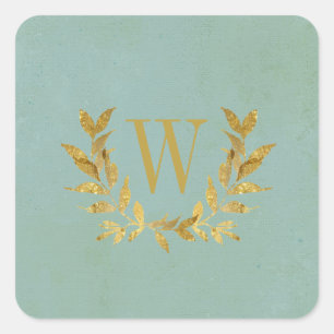 Elegant Green Gold Modern Monogram Wedding Square Sticker