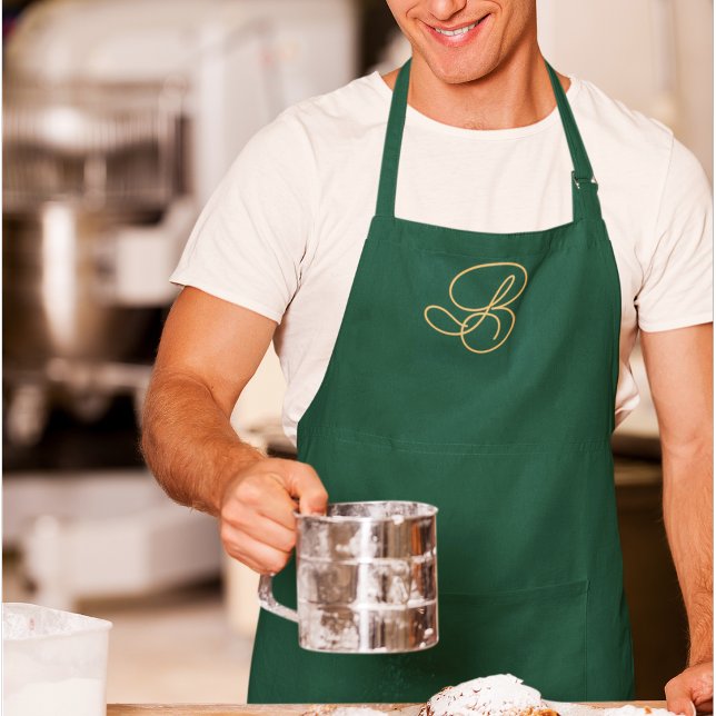 Elegant Green & Gold Monogram Script Name  Apron (Creator Uploaded)