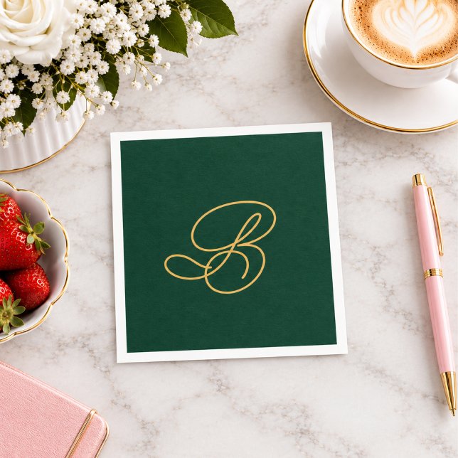 Elegant Green & Gold Monogram Script Name  Napkin (Creator Uploaded)