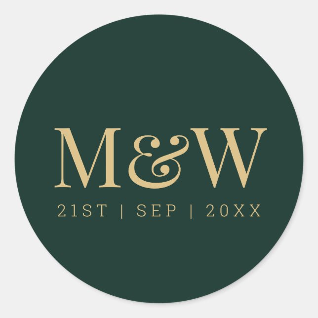 Elegant Green Gold Monogram Wedding Classic Round Sticker (Front)
