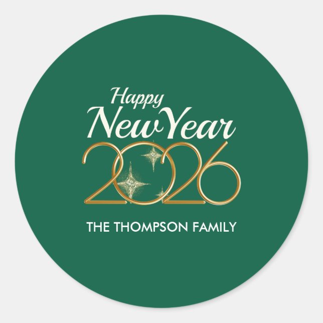 Elegant Green & Gold “New Year 2026” Personalized  Classic Round Sticker (Front)