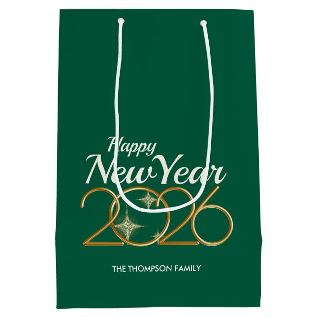 Elegant Green & Gold “New Year 2026” Personalized  Medium Gift Bag (Back)