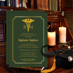 Elegant Green   Gold Nurse BSN Graduation Party Invitation