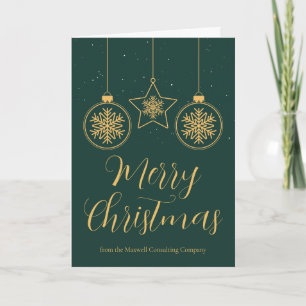 Elegant Green Gold Ornaments Custom Business Holiday Card