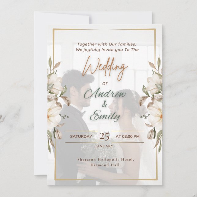 Elegant Green & Gold Overlay Photo Wedding Invitat Invitation (Front)