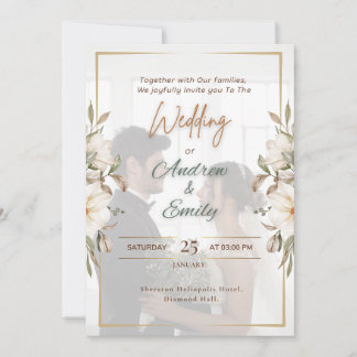 Elegant Green & Gold Overlay Photo Wedding Invitat Invitation