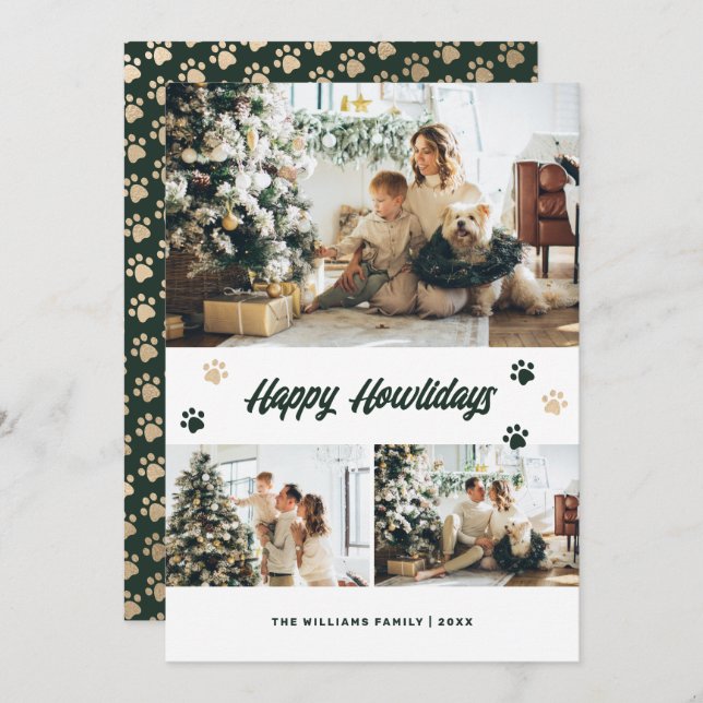 Elegant Green Gold Paws Photo Happy Howlidays Holiday Card (Front/Back)