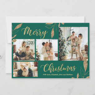 Elegant Green Gold Photo Collage Christmas Card