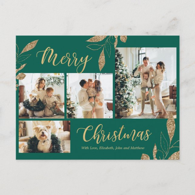 Elegant Green Gold Photo Collage Christmas Postcard (Front)