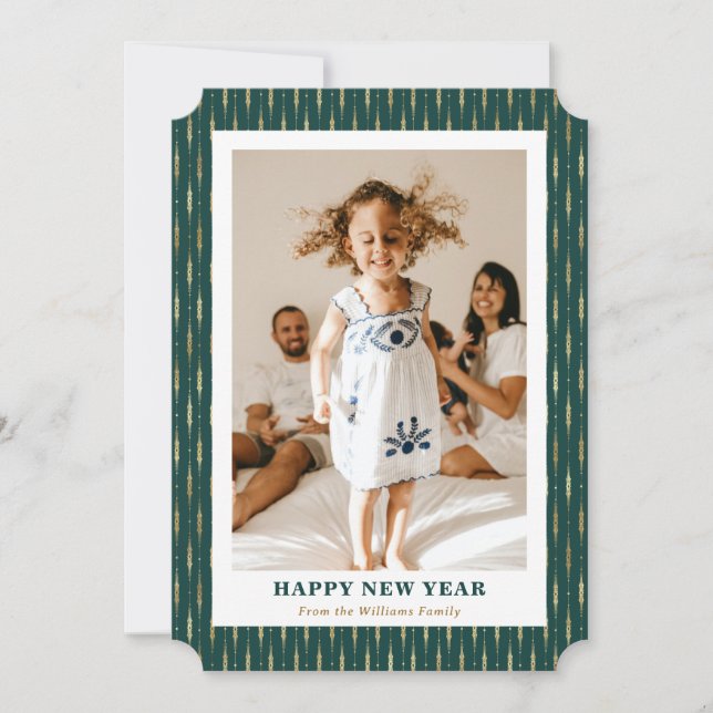 Elegant Green Gold Photo Happy New Year Card (Front)