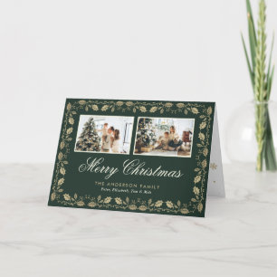 Elegant Green Gold Photo Merry Christmas Folded Holiday Card