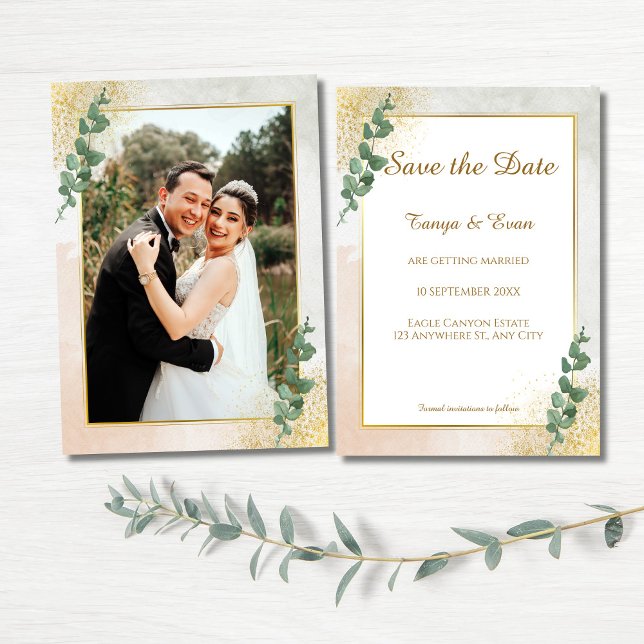 Elegant Green & Gold Photo Wedding Save the Date Invitation (Elegant Green & Gold Save the Date Wedding Invite)