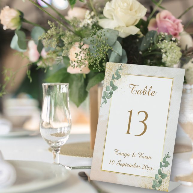 Elegant Green & Gold Photo Wedding Table Number Pedestal Sign (Elegant Green & Gold Photo Wedding Table Number)