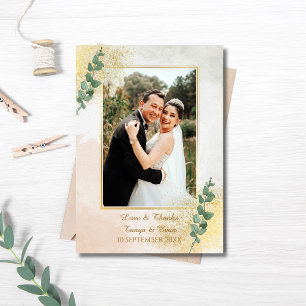 Elegant Green & Gold Photo Wedding Thank You Card