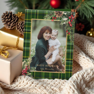 Elegant Green/Gold Plaid Holly Christmas Photo Holiday Card