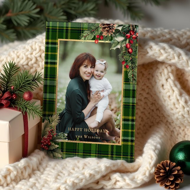 Elegant Green/Gold Plaid Holly Christmas Photo  Holiday Card (Creator Uploaded)