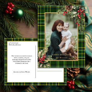 Elegant Green/Gold Plaid Holly Christmas Photo  Holiday Postcard