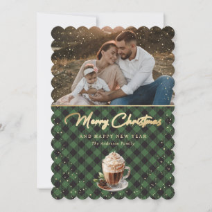 Elegant Green Gold Plaid Photo Merry Christmas Holiday Card