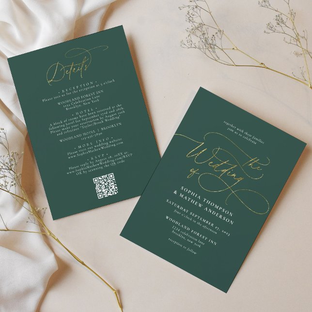 Elegant Green Gold QR Code All in one Wedding Invitation (Creator Uploaded)