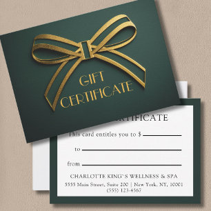 Elegant Green & Gold Ribbon Gift Certificate Card