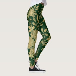Elegant Green Gold Roses Floral Design Leggings