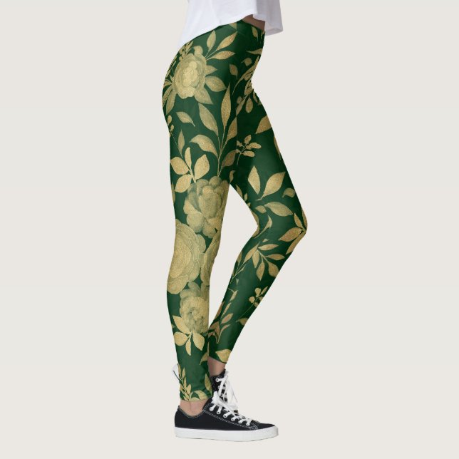 Elegant Green Gold Roses Floral Design Leggings (Right)